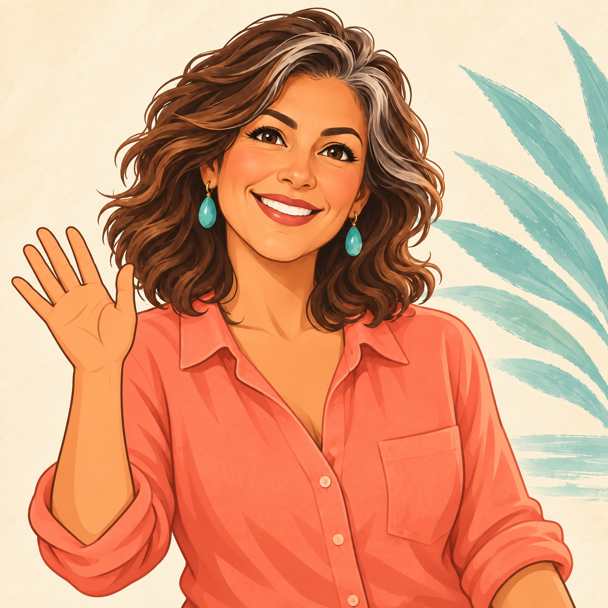 Friendly cartoon Betty, the university’s fictional AI guide, smiling and waving in a coral shirt.