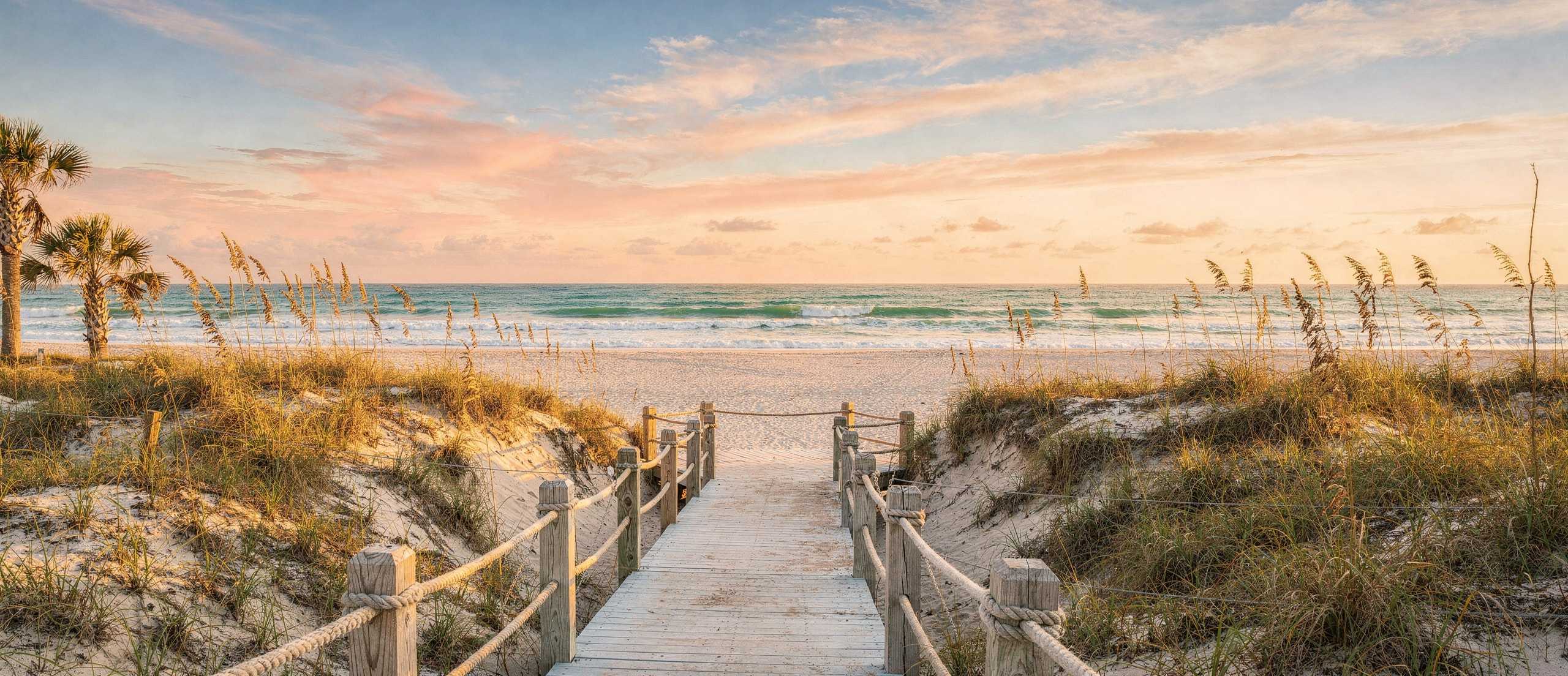 South Padre inspired coastal artwork of a wooden boardwalk crossing the dunes to the Gulf in golden light.